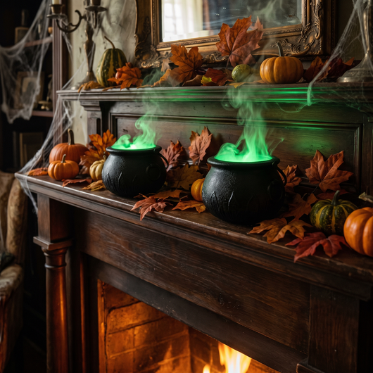 Two glowing mini cauldrons on a fireplace mantel with pumpkins