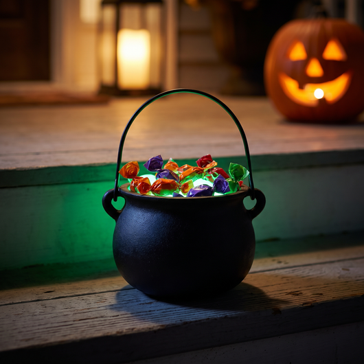 Glowing cauldron filled with candy beside a front door on Halloween night