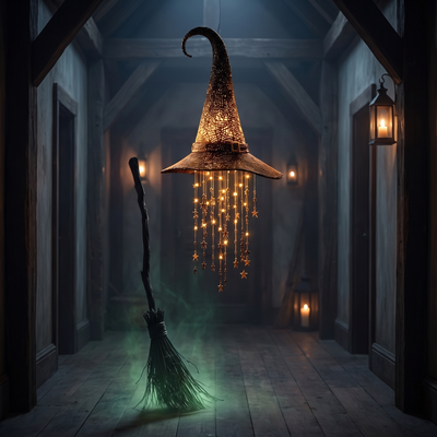 Glowing witch hat floating above the Wicked Broom in a dim hallway