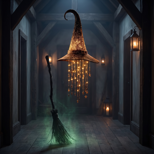 Glowing witch hat floating above the Wicked Broom in a dim hallway