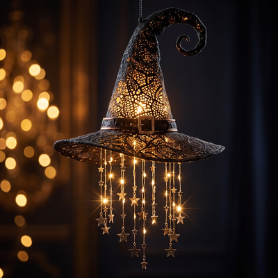 Close-up of a glowing lace witch hat with dangling star lights