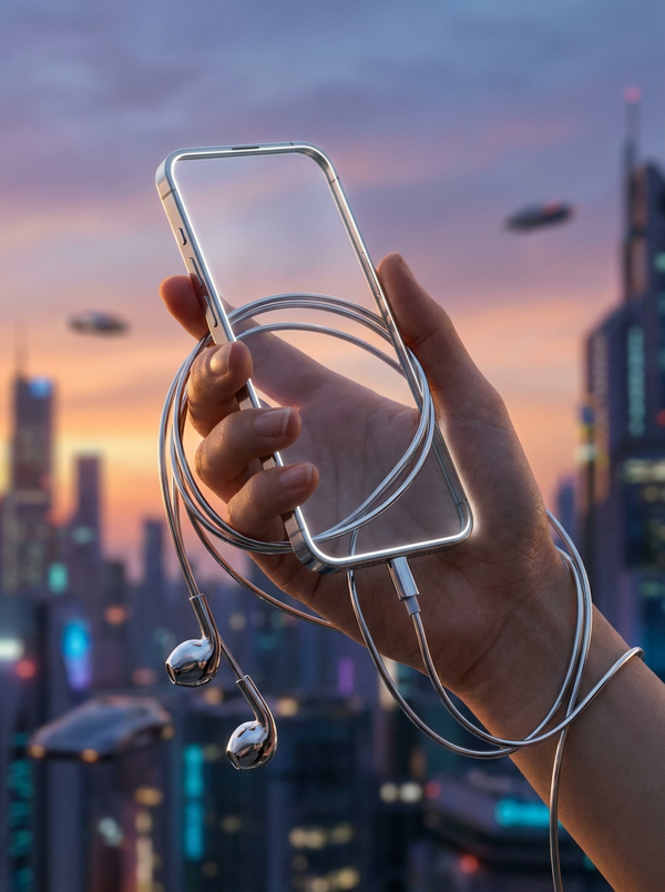 Chrome earbuds wrapped around phone sunset skyline